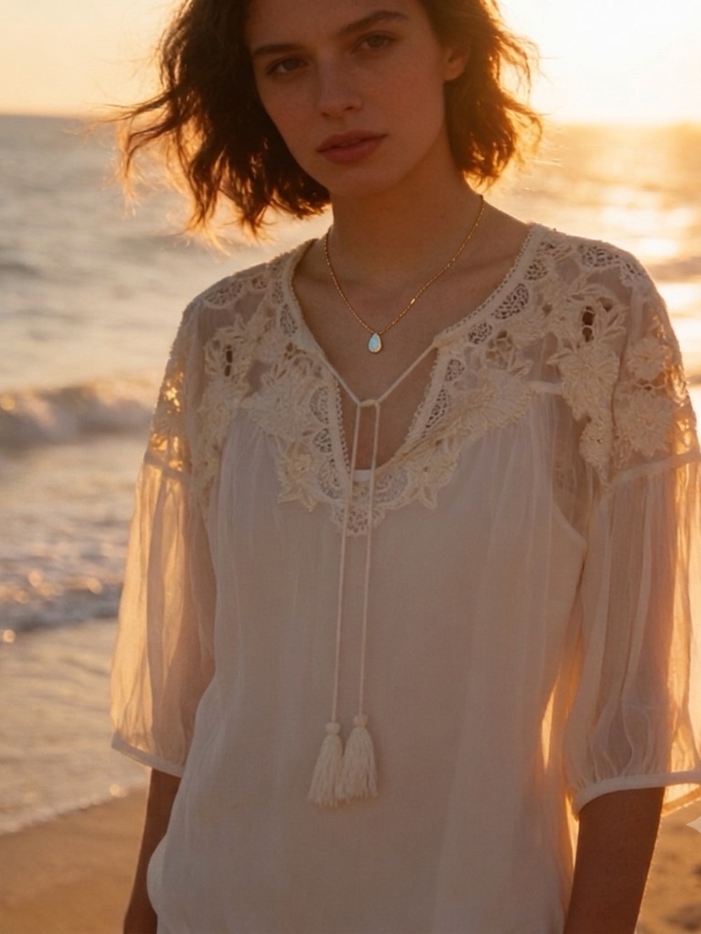 Chico’s Size 1 Cream Lace Layered Tassel Boho Blouse